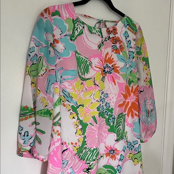 Lilly Pulitzer for Target Nosey Posey Pink Silky Mini Dress with Quarter Sleeves - Picture 3 of 8